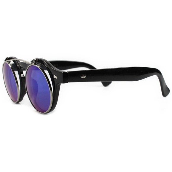 Retro 70s Urban Steampunk Black Green Mirrored Lens Round Flip Up Sunglasses - Picture 5 of 5